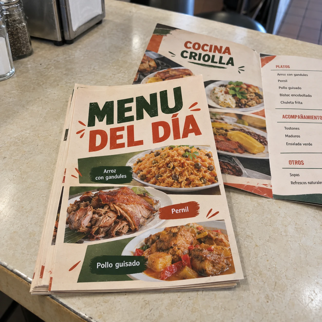 Menús y flyers ilustrativos para un restaurante de comida criolla